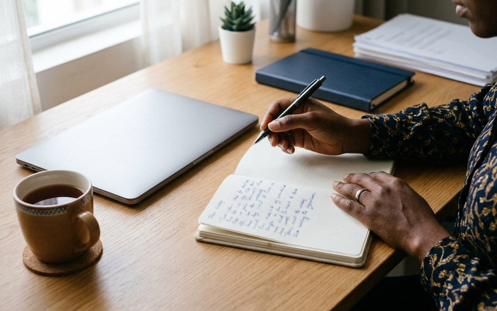 A person comparing figures in a notebook beside a laptop at a bright desk.